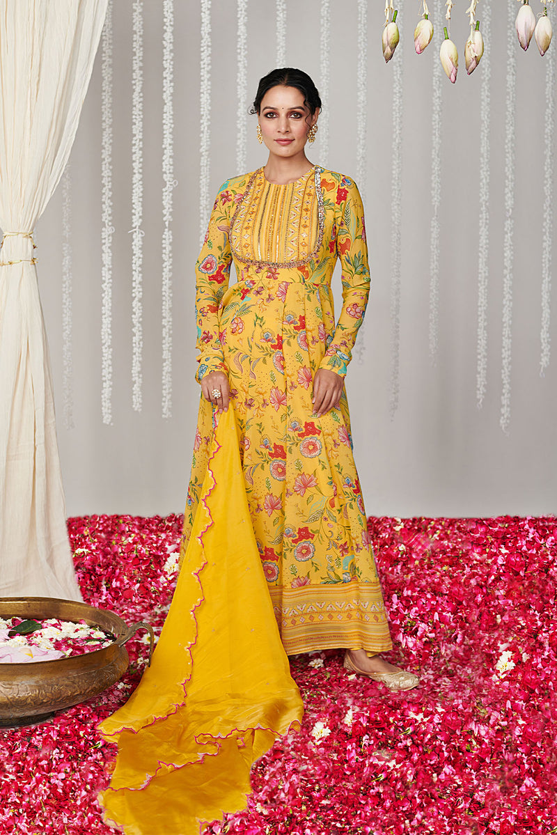 Bagicha yellow Anarkali set of 3