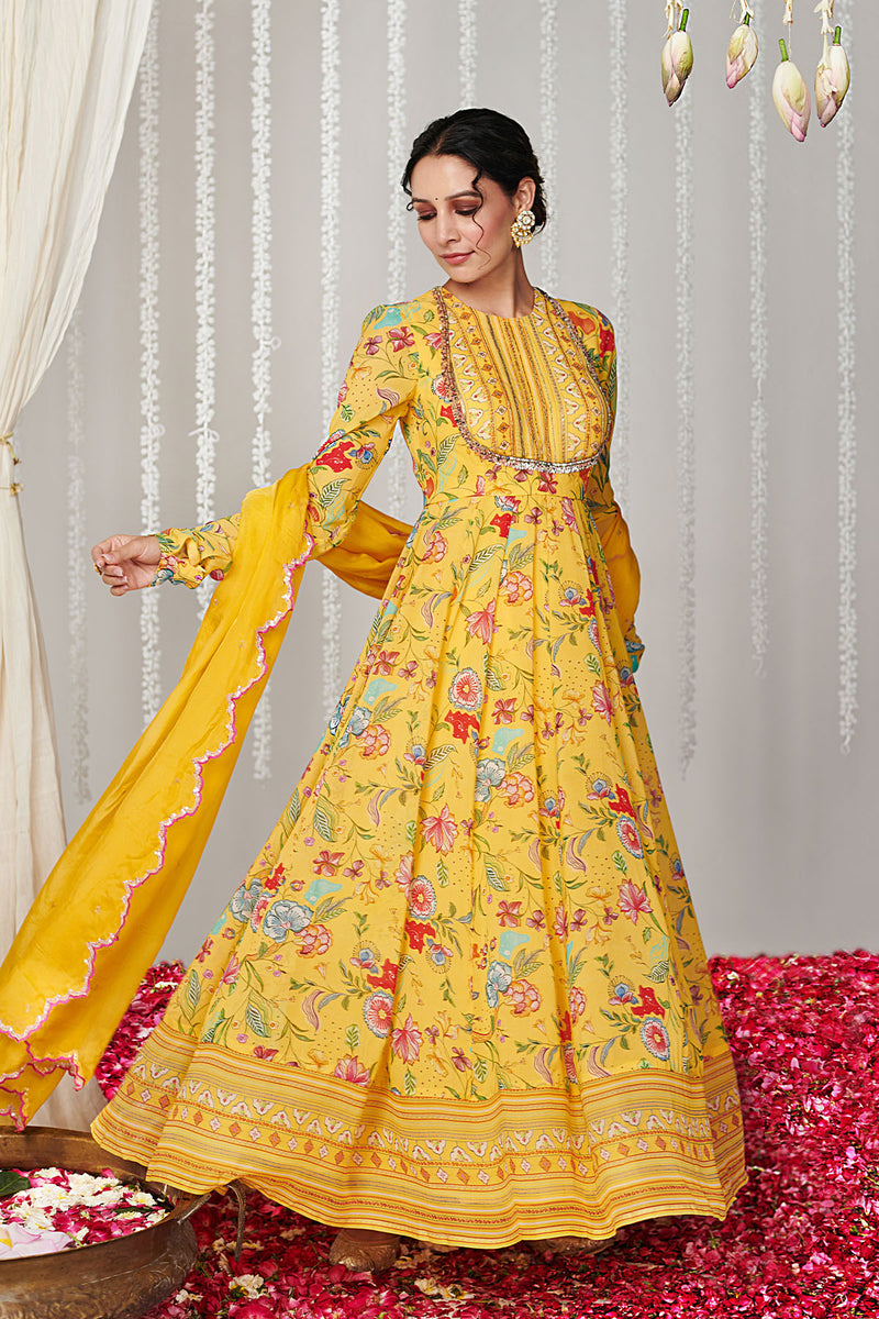 Bagicha yellow Anarkali set of 3