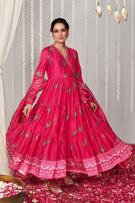 Bagicha Hot pink Angrakha  Anarkali set of 3