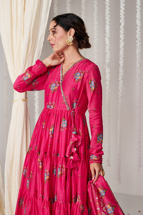 Bagicha Hot pink Angrakha  Anarkali set of 3