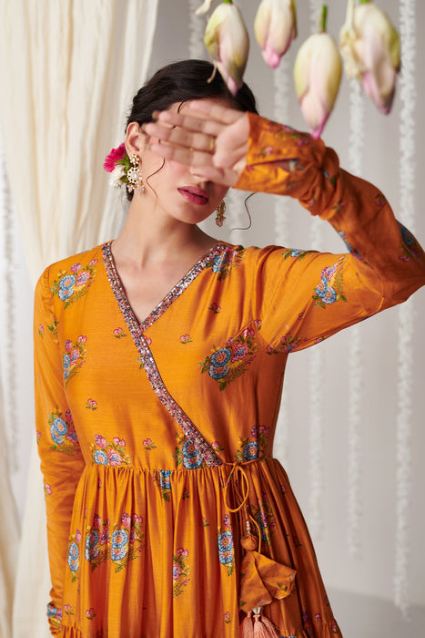 Bagicha orange Angrakha  Anarkali set of 3