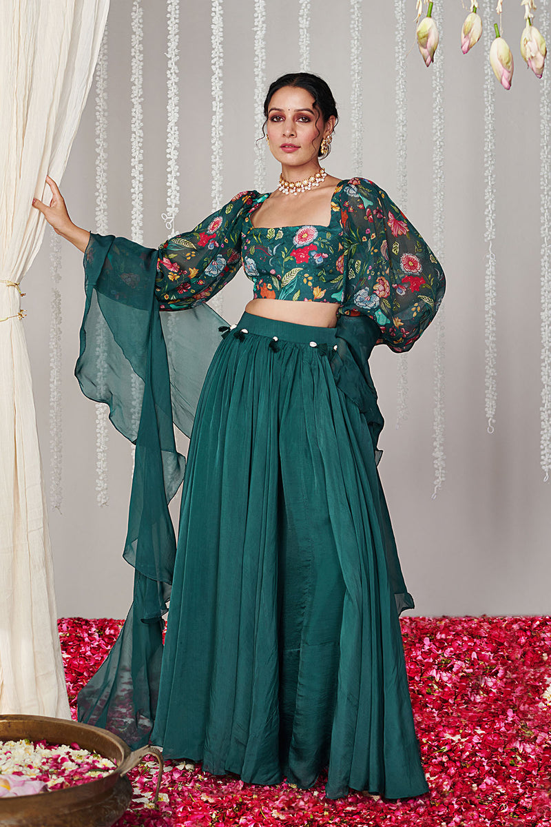 Bagicha botanical green  solid lehenga set of 3