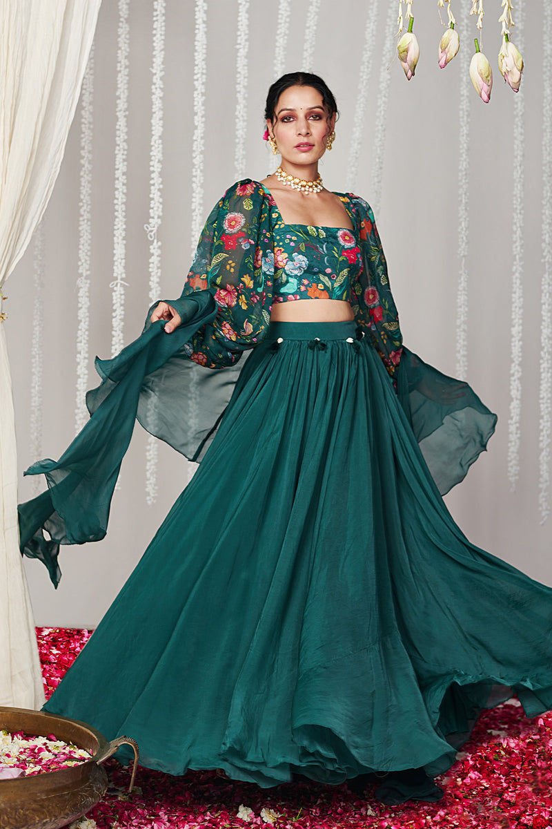 Bagicha botanical green  solid lehenga set of 3