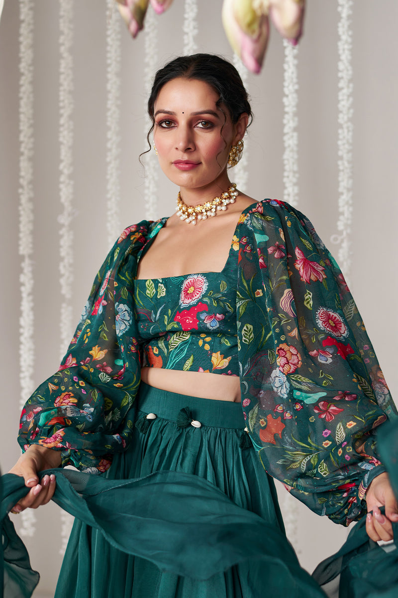Bagicha botanical green  solid lehenga set of 3
