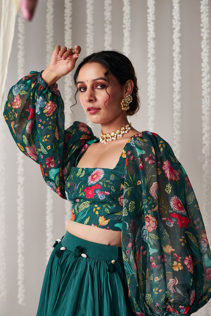 Bagicha botanical green  solid lehenga set of 3