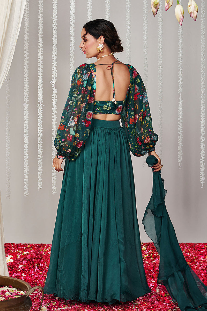 Bagicha botanical green  solid lehenga set of 3