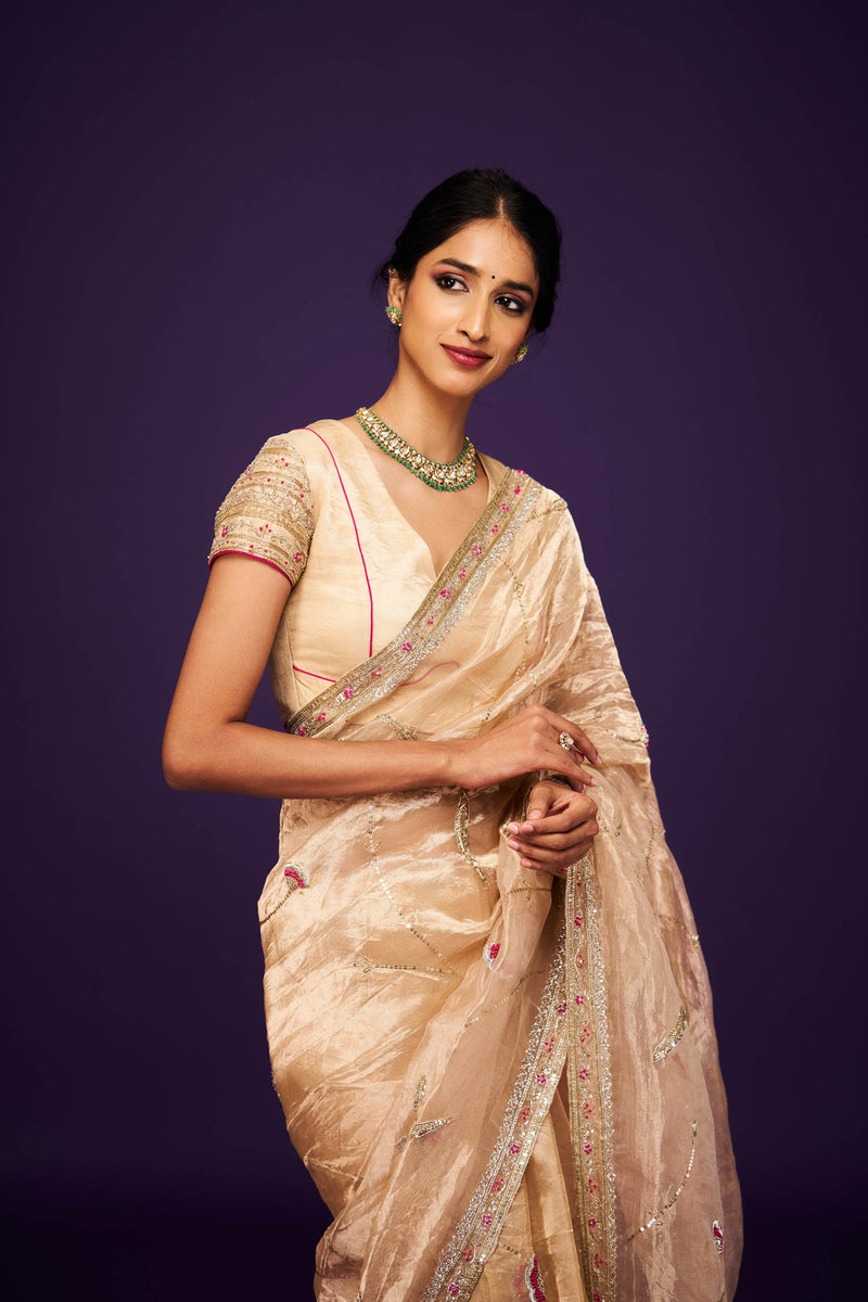 Hrudaya Tissue Embroidery Saree and Blouse Set