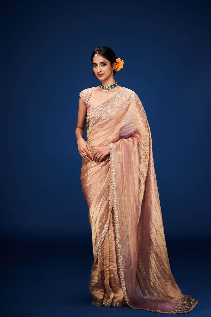 Karnika Tissue Embroidery Saree and Blouse Set