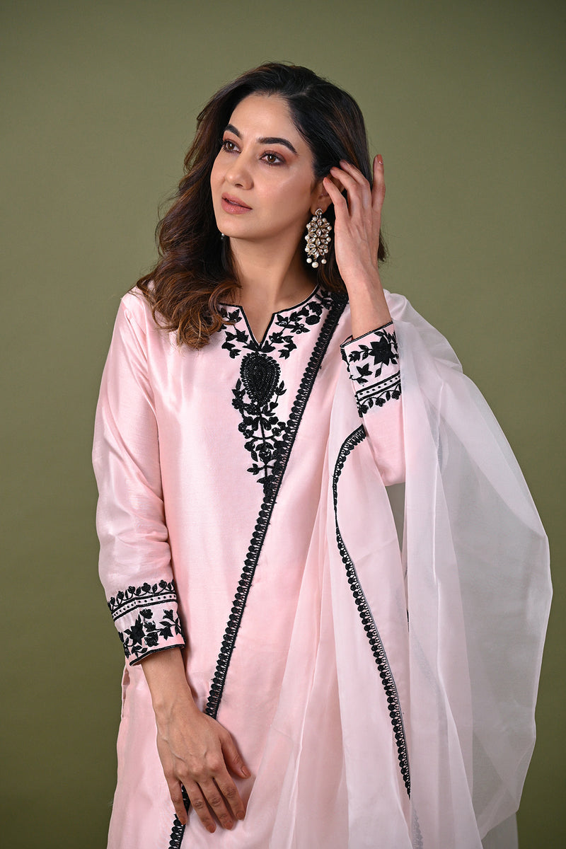 Pink Silk Chanderi Hand Embroidered Sequins Notched Beads Kurta Pant Set
