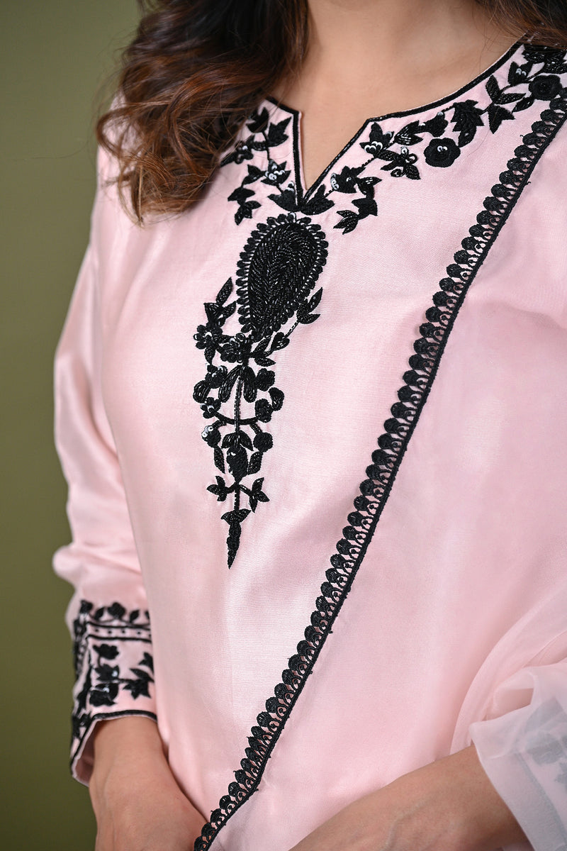 Pink Silk Chanderi Hand Embroidered Sequins Notched Beads Kurta Pant Set