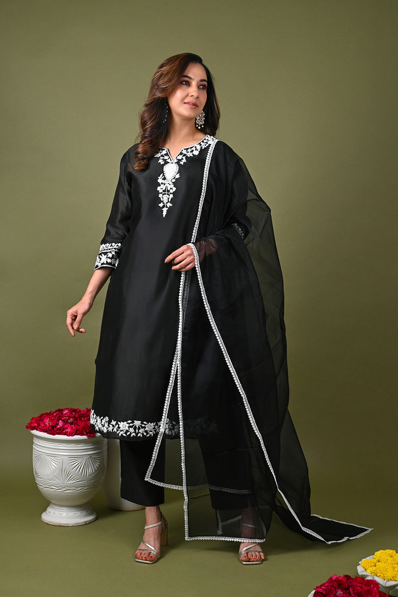 Black Silk Chanderi Hand Embroidered Beads Notched Kurta Pant Set