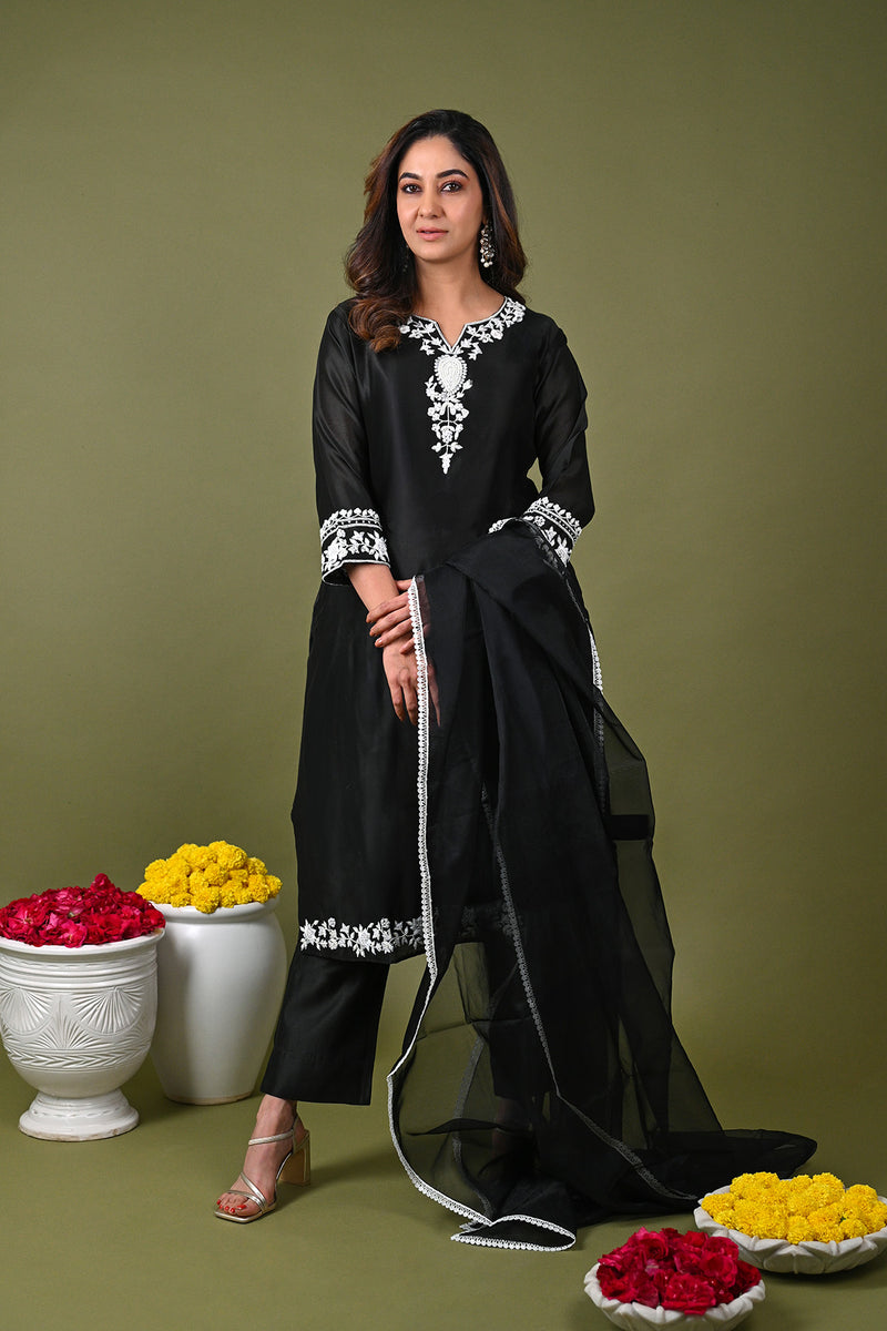 Black Silk Chanderi Hand Embroidered Beads Notched Kurta Pant Set
