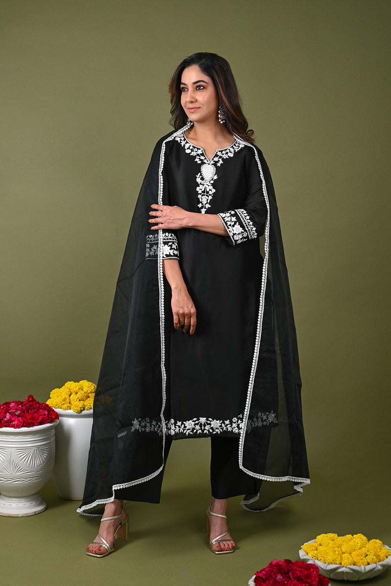 Black Silk Chanderi Hand Embroidered Beads Notched Kurta Pant Set