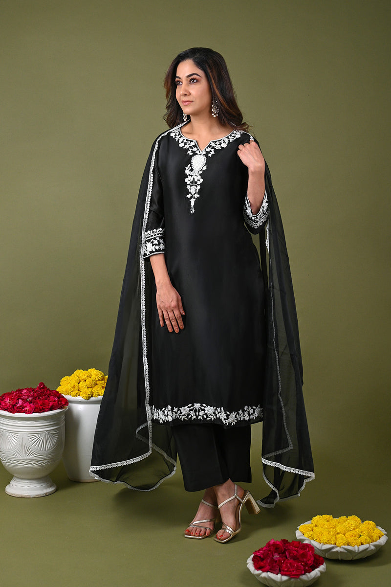 Black Silk Chanderi Hand Embroidered Beads Notched Kurta Pant Set