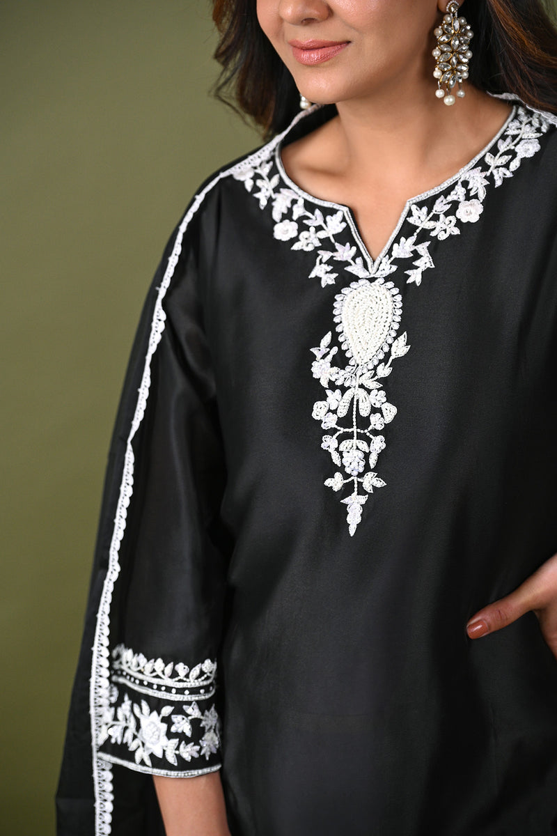 Black Silk Chanderi Hand Embroidered Beads Notched Kurta Pant Set