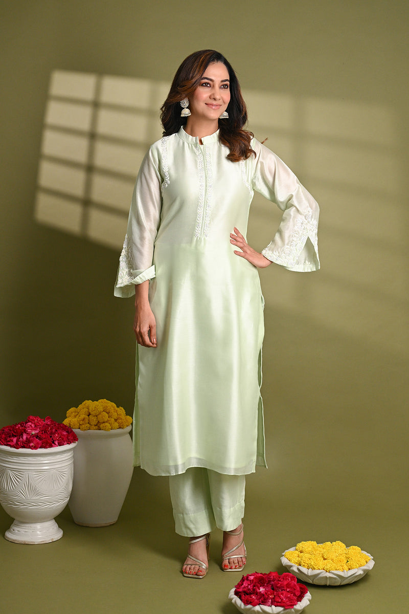 Green Silk Chanderi Hand Embroidered Sequins Mandarin Kurta With Pant