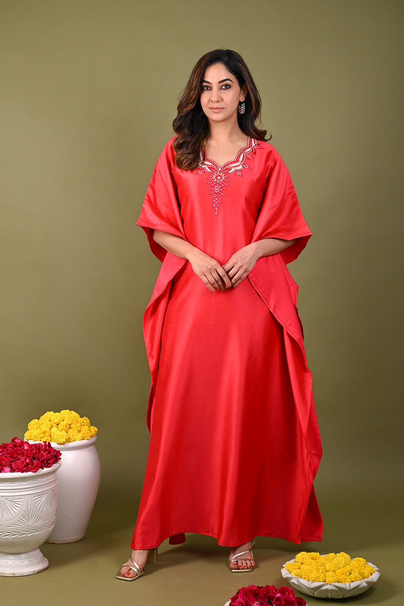 Red Silk Chanderi Hand Embroidered Sequins Scalloped Placement Kaftan