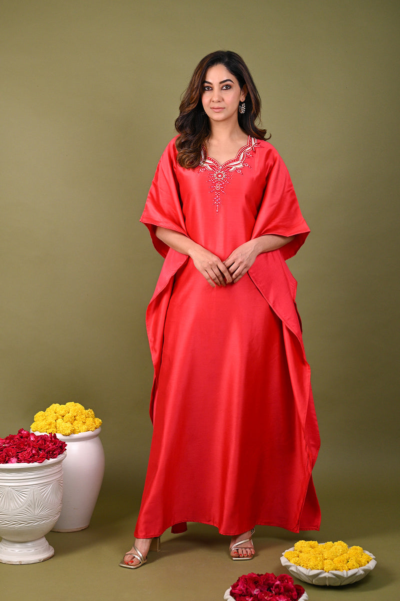 Red Silk Chanderi Hand Embroidered Sequins Scalloped Placement Kaftan