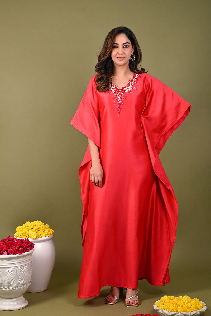 Red Silk Chanderi Hand Embroidered Sequins Scalloped Placement Kaftan