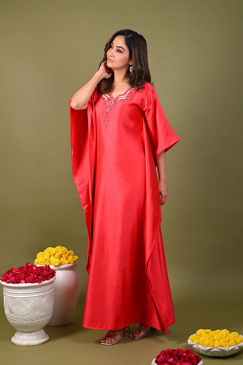 Red Silk Chanderi Hand Embroidered Sequins Scalloped Placement Kaftan