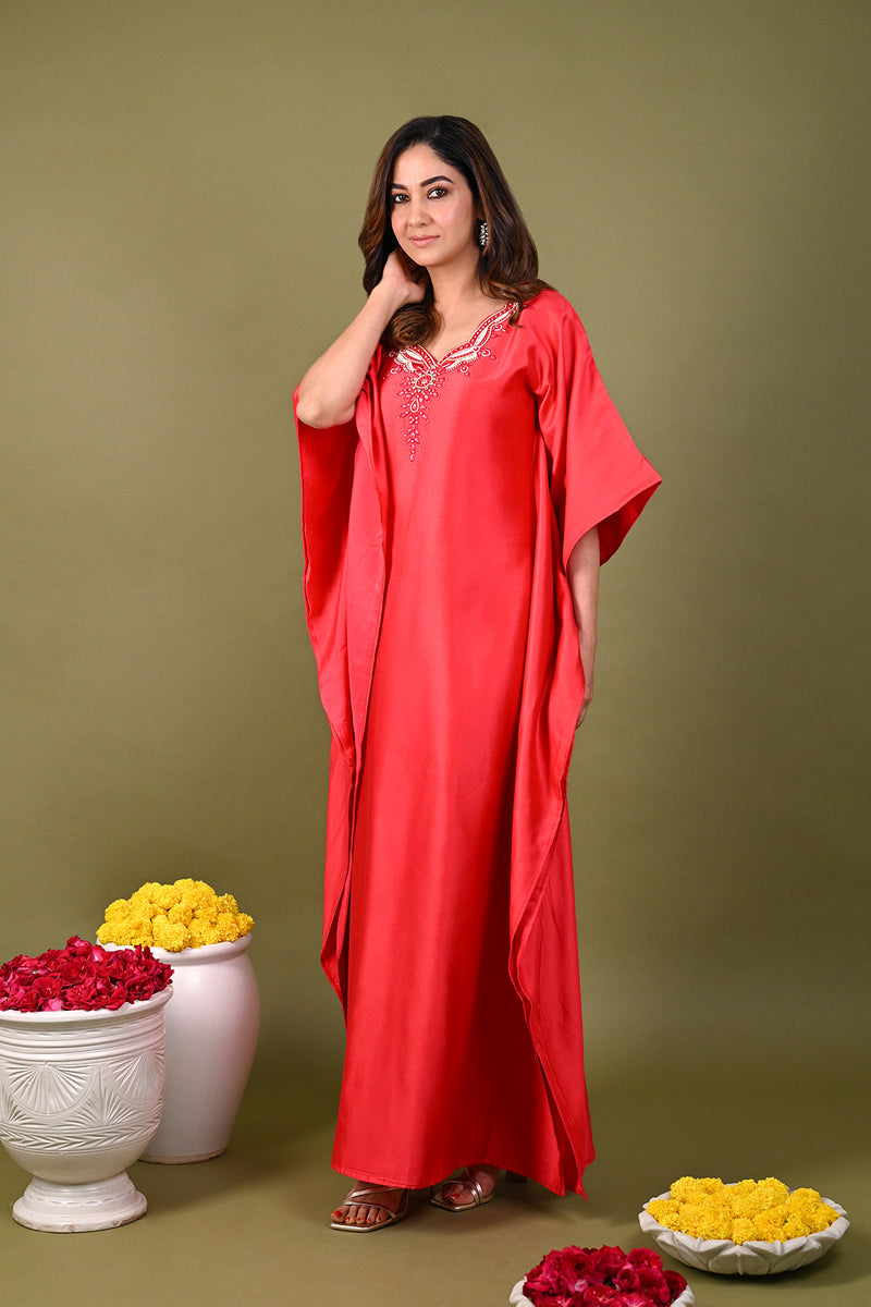 Red Silk Chanderi Hand Embroidered Sequins Scalloped Placement Kaftan