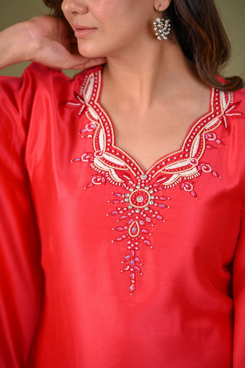 Red Silk Chanderi Hand Embroidered Sequins Scalloped Placement Kaftan