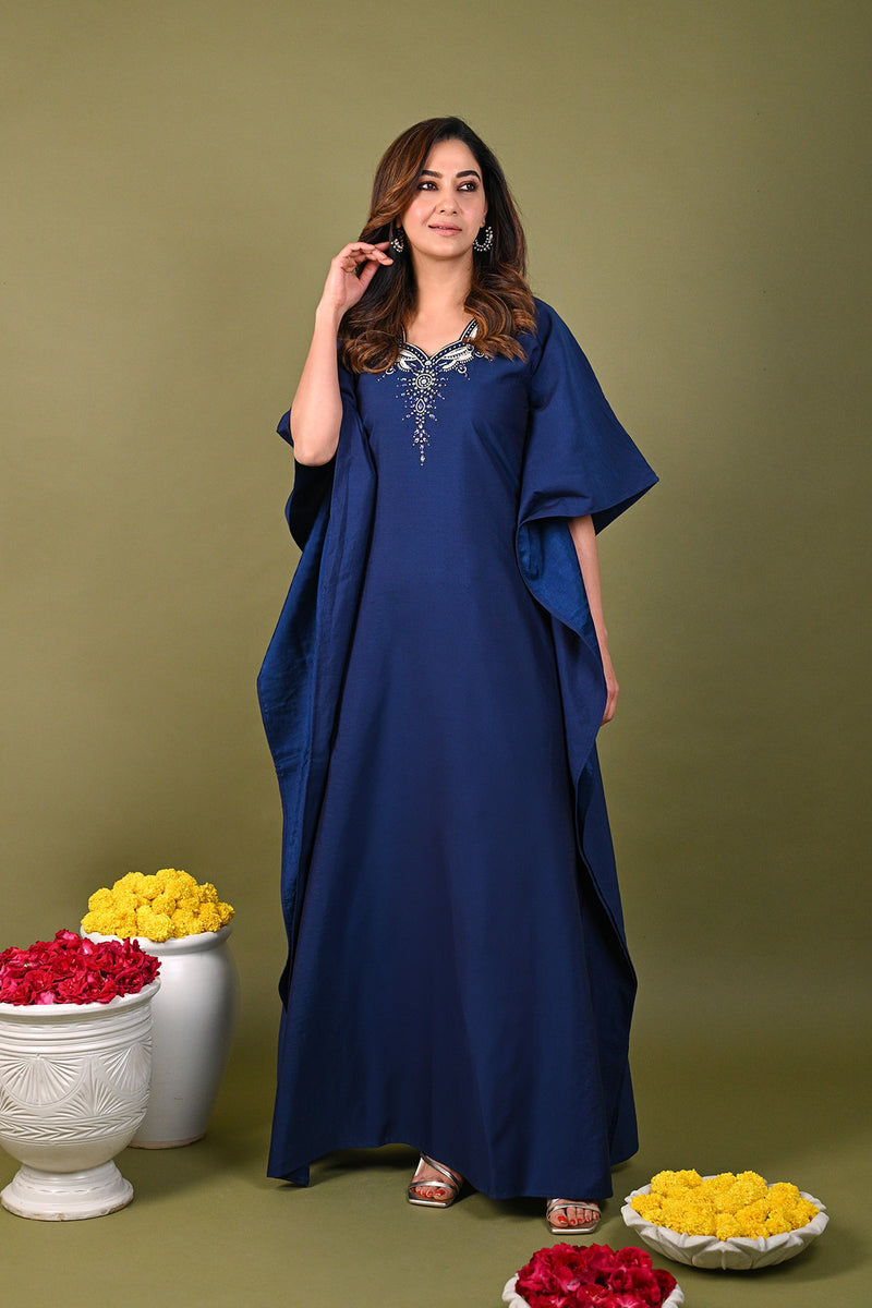 Blue Silk Chanderi Hand Embroidered Sequins Scalloped Placement Kaftan