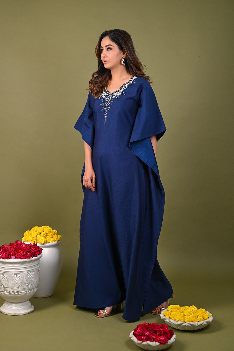 Blue Silk Chanderi Hand Embroidered Sequins Scalloped Placement Kaftan