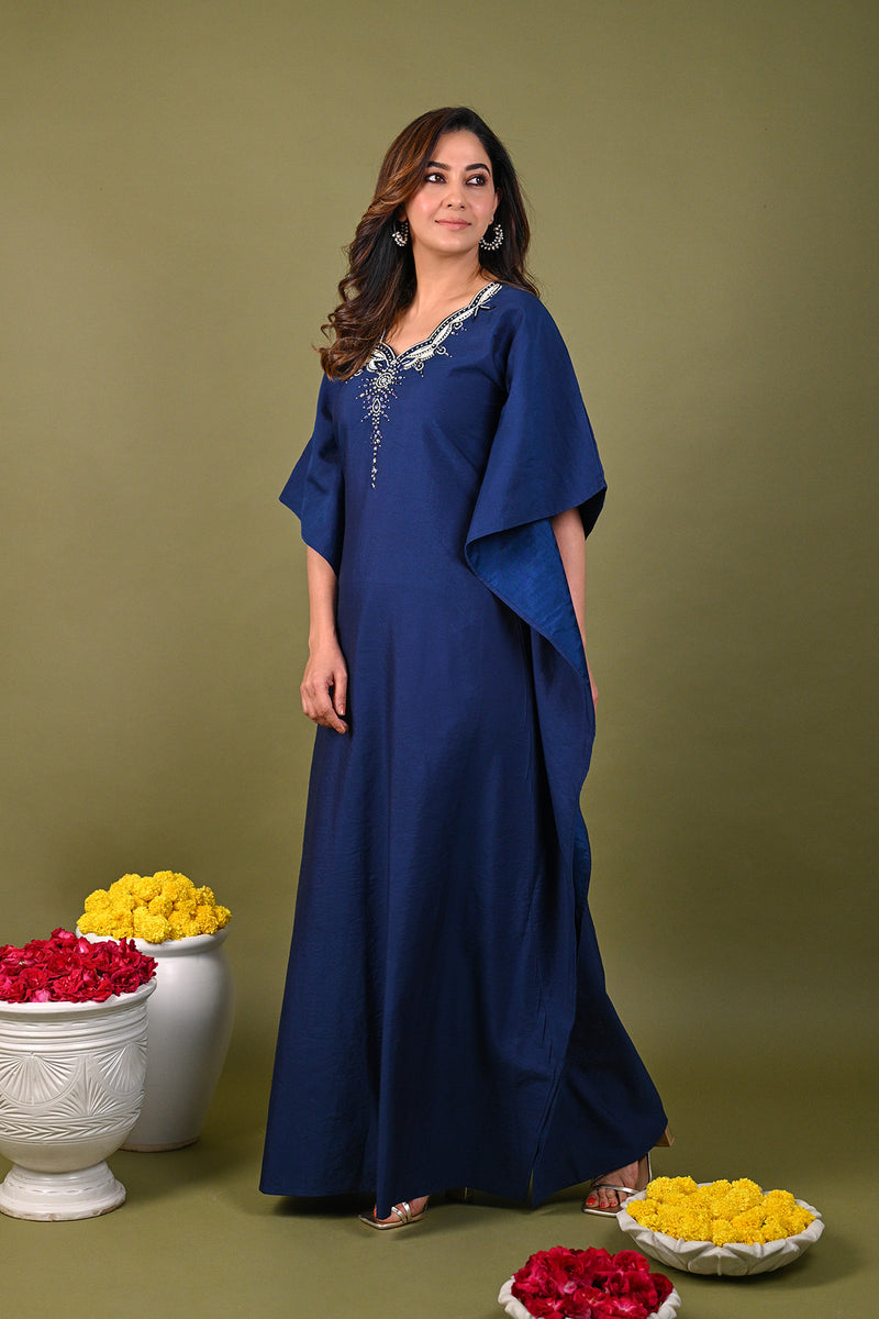 Blue Silk Chanderi Hand Embroidered Sequins Scalloped Placement Kaftan