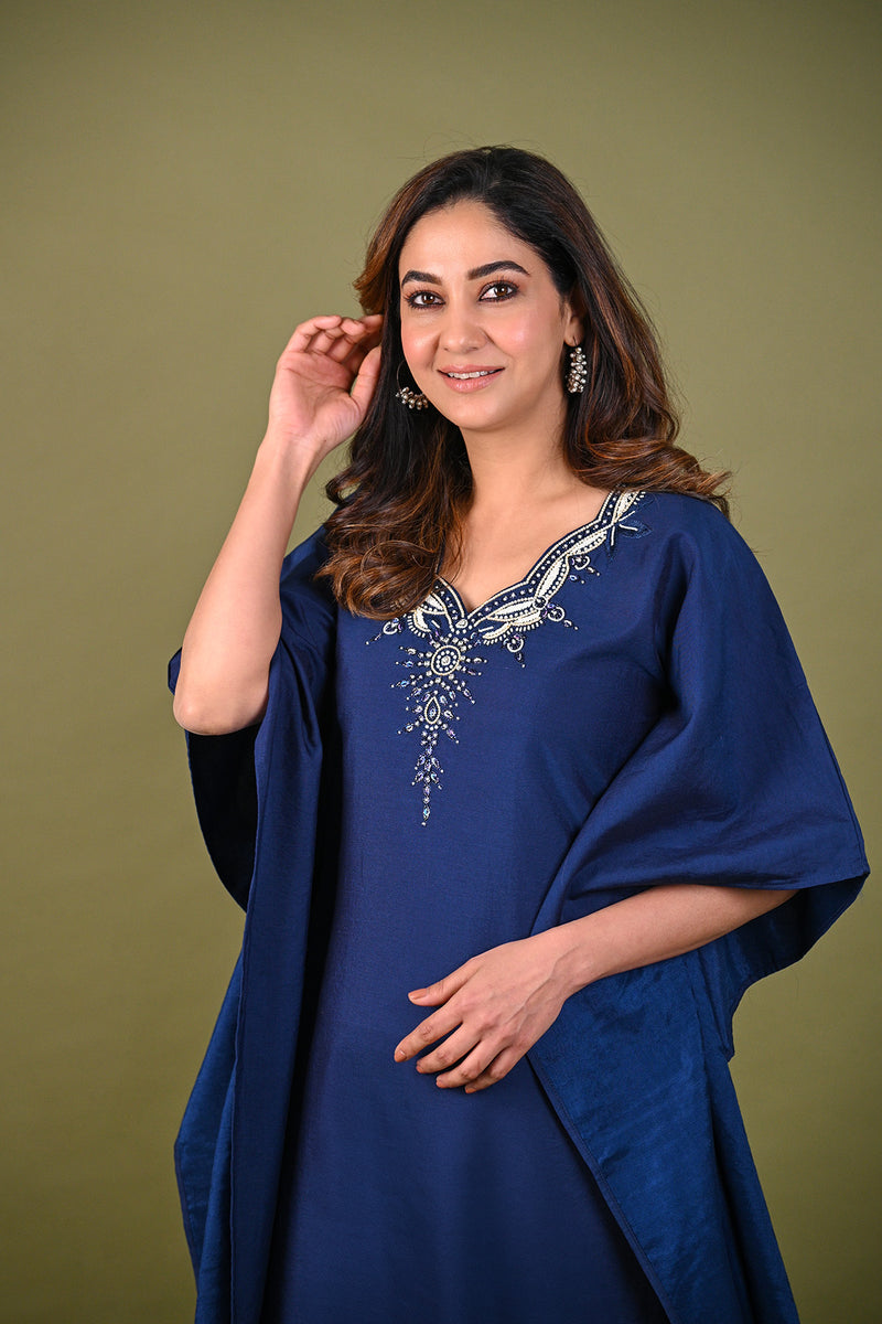Blue Silk Chanderi Hand Embroidered Sequins Scalloped Placement Kaftan