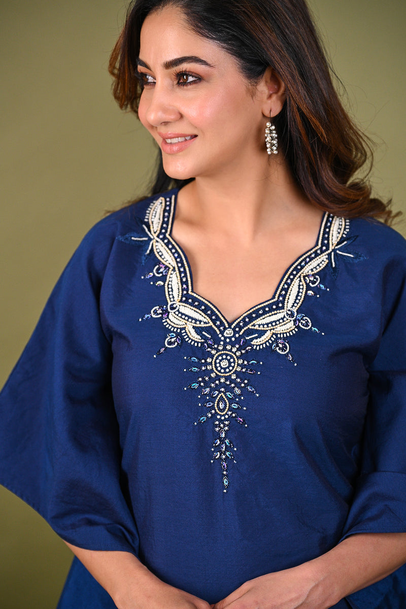 Blue Silk Chanderi Hand Embroidered Sequins Scalloped Placement Kaftan