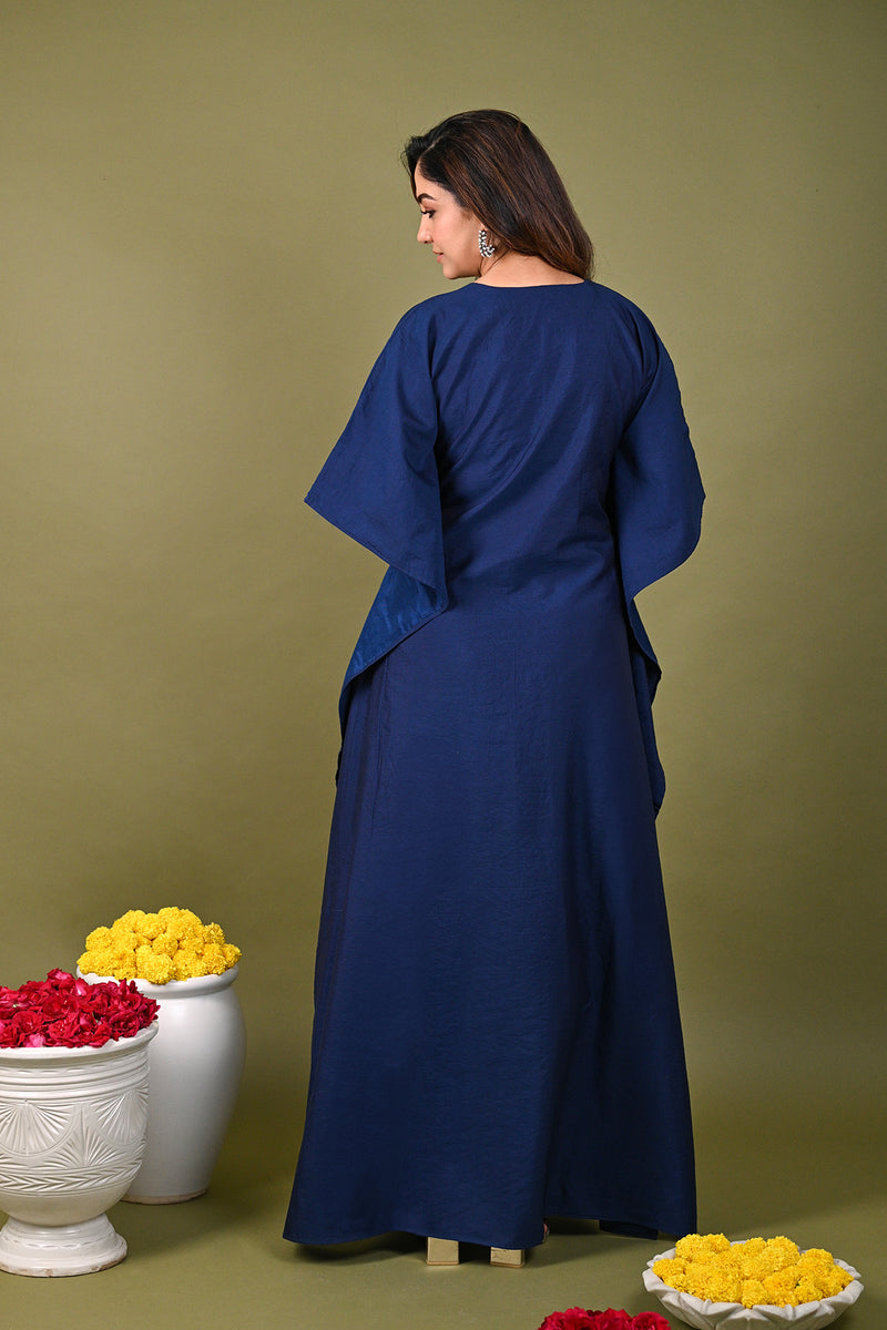 Blue Silk Chanderi Hand Embroidered Sequins Scalloped Placement Kaftan