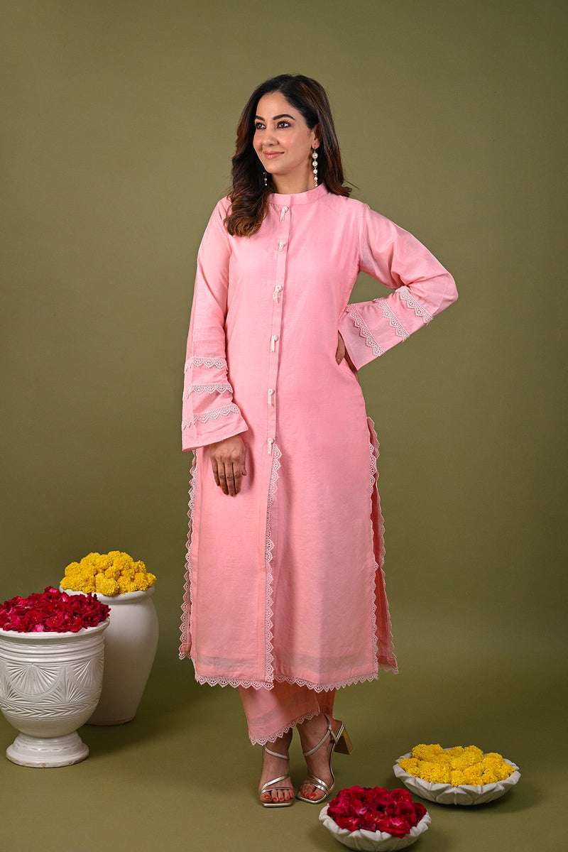 Pink Silk Chanderi Hand Embroidered Lace Collar Kurta With Pant