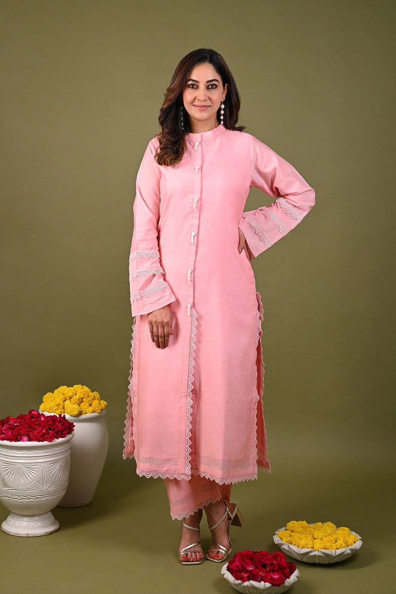 Pink Silk Chanderi Hand Embroidered Lace Collar Kurta With Pant