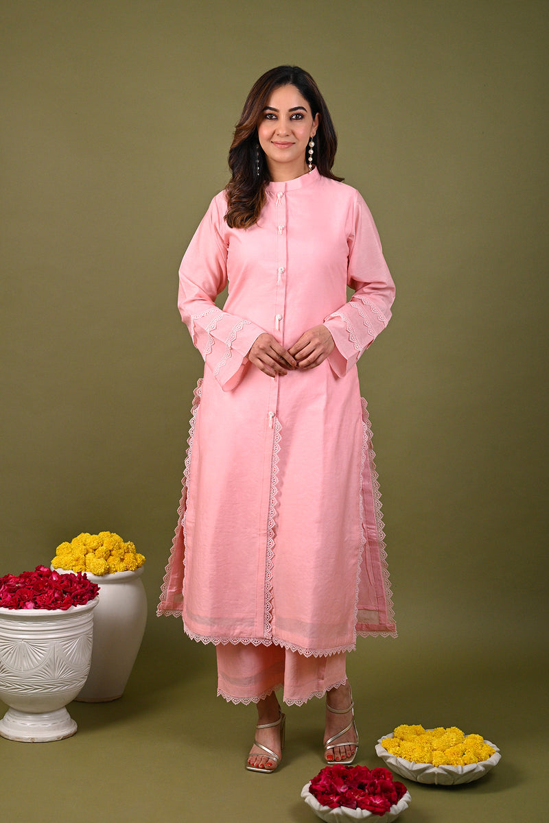 Pink Silk Chanderi Hand Embroidered Lace Collar Kurta With Pant