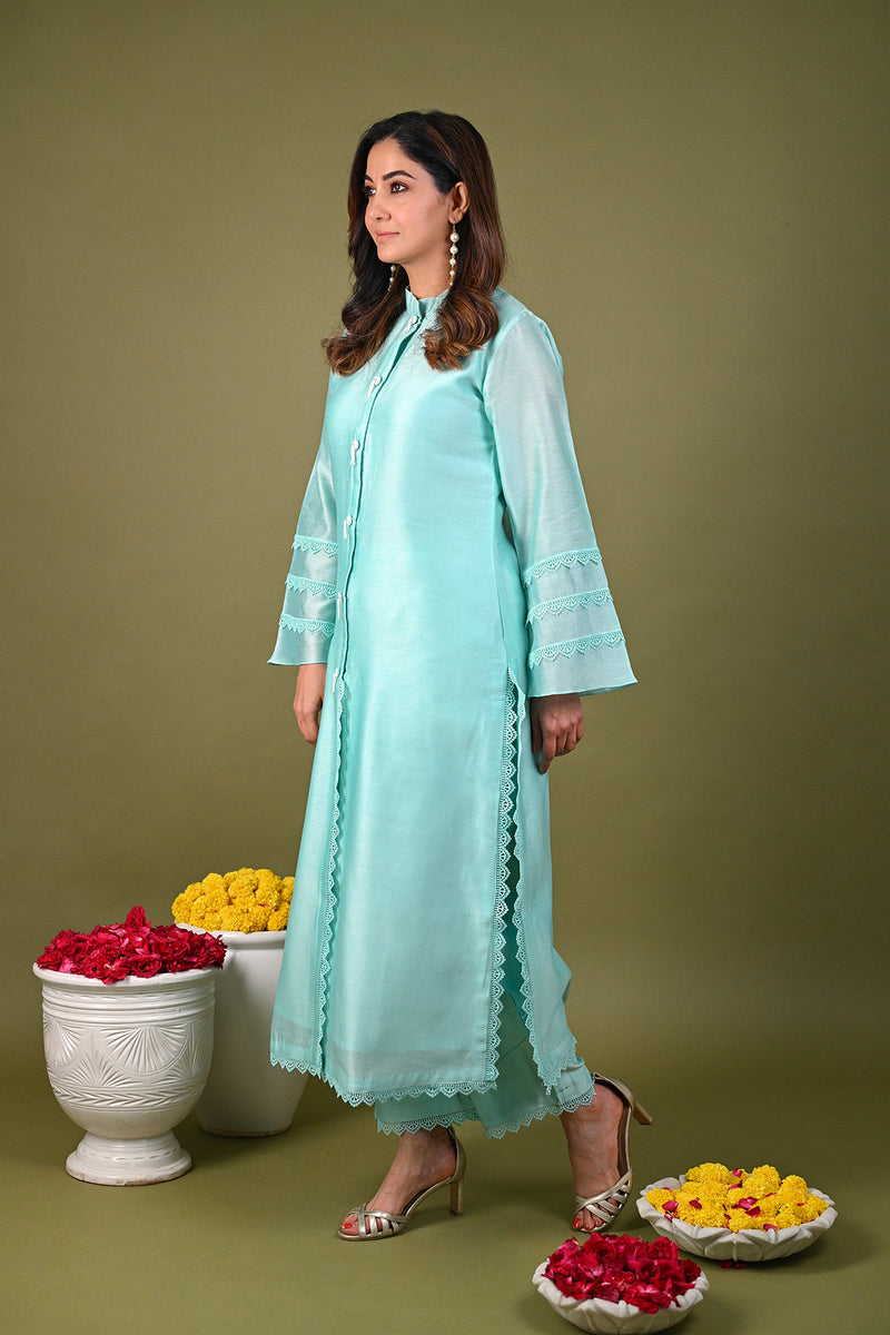 Blue Silk Chanderi Hand Embroidered Lace Collar Kurta With Pant