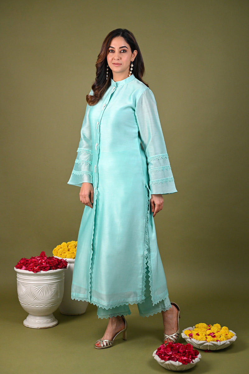 Blue Silk Chanderi Hand Embroidered Lace Collar Kurta With Pant
