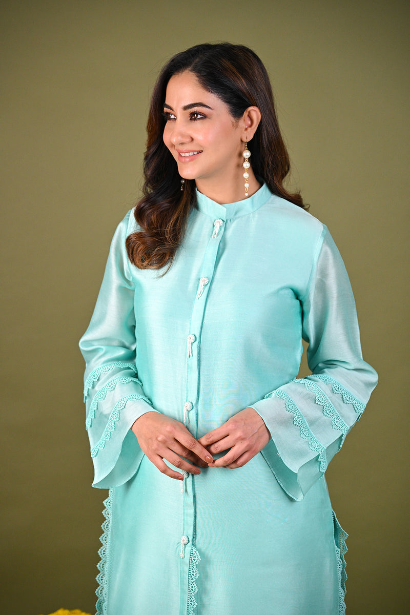 Blue Silk Chanderi Hand Embroidered Lace Collar Kurta With Pant