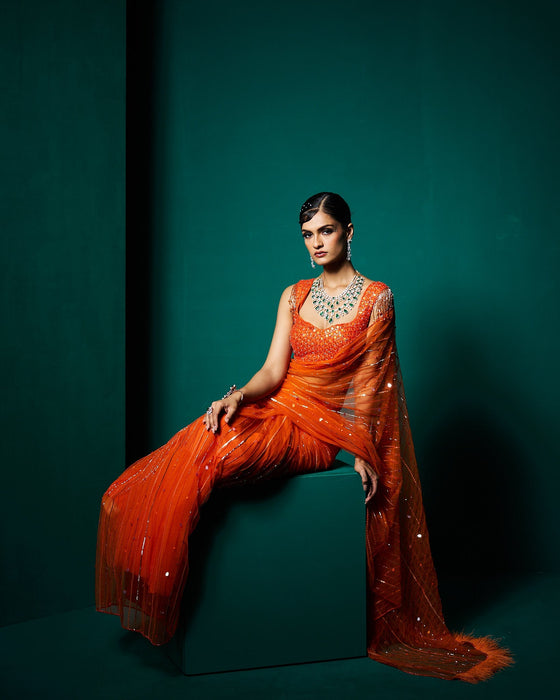 vithi Net drape saree with
Blouse - Persimmon Orange