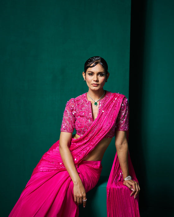 Reba drape saree with blouse - Fuchsia pink