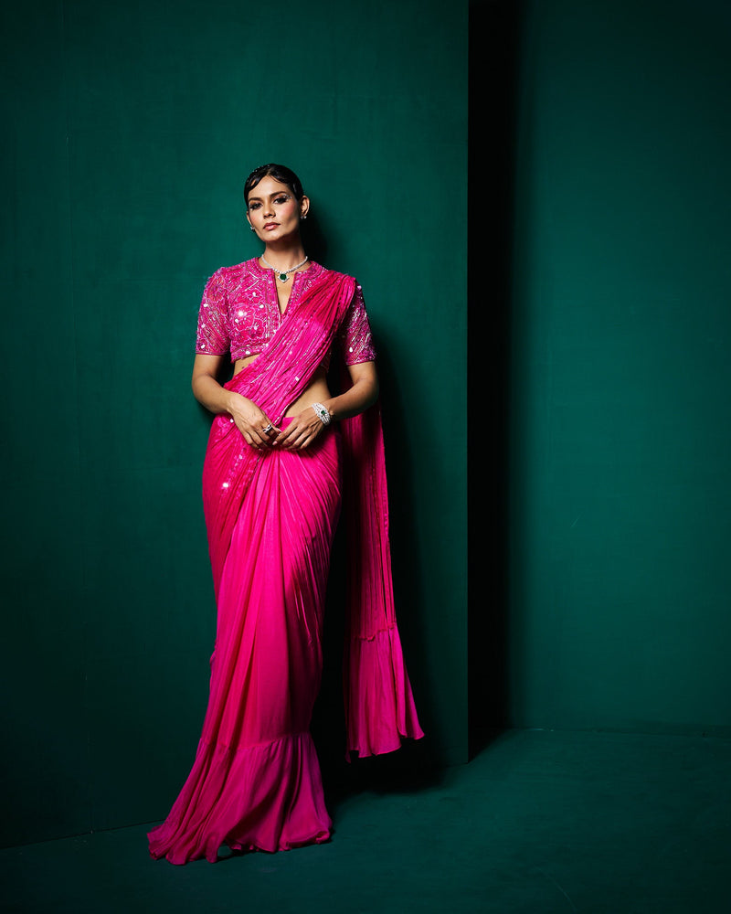 Reba drape saree with blouse - Fuchsia pink