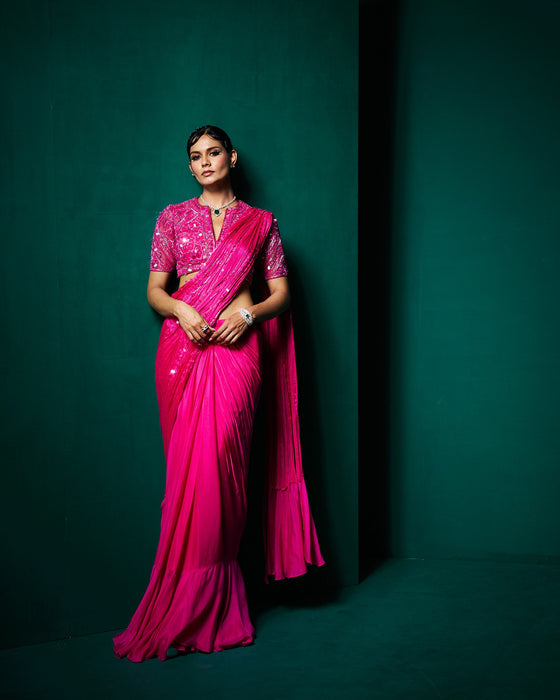 Reba drape saree with blouse - Fuchsia pink