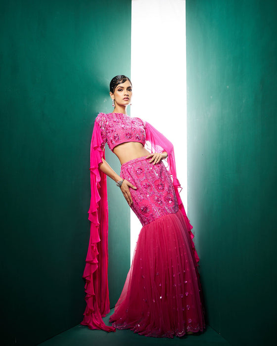 Kimora mermaid Lehenga set with Ruffle dupatta - Fuchsia pink