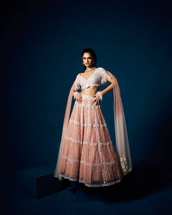 Misha lehenga set with blouse and dupatta - Mocha Beige