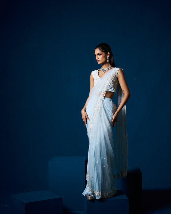 Daria drape saree with blouse - Ice Blue