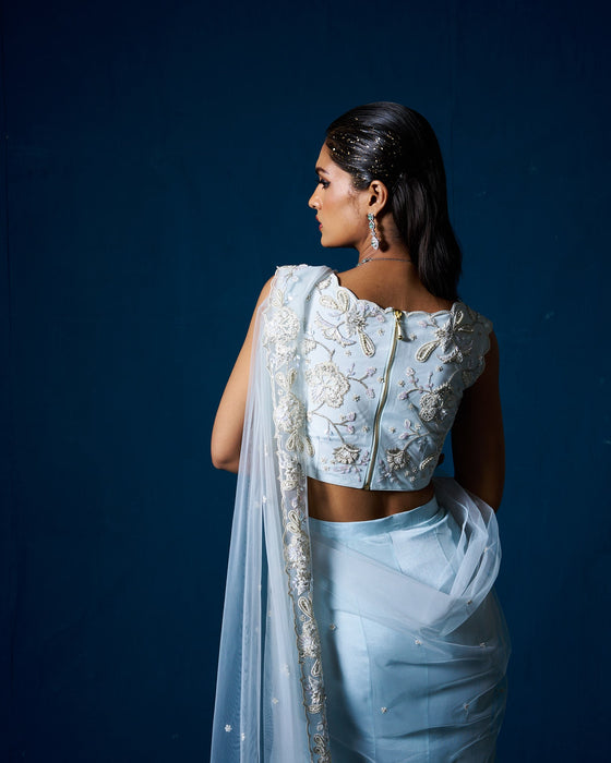 Daria drape saree with blouse - Ice Blue