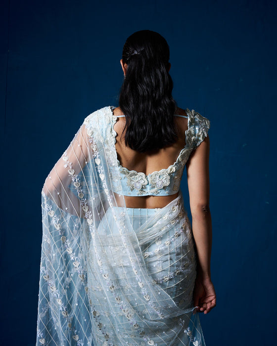 Elara net drape saree with blouse - Ice Blue
