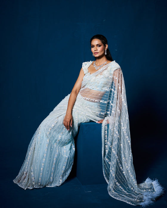 Elara net drape saree with blouse - Ice Blue
