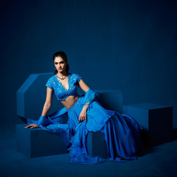 Zeena Lehanga set with ruffle dupatta - Sapphire Blue