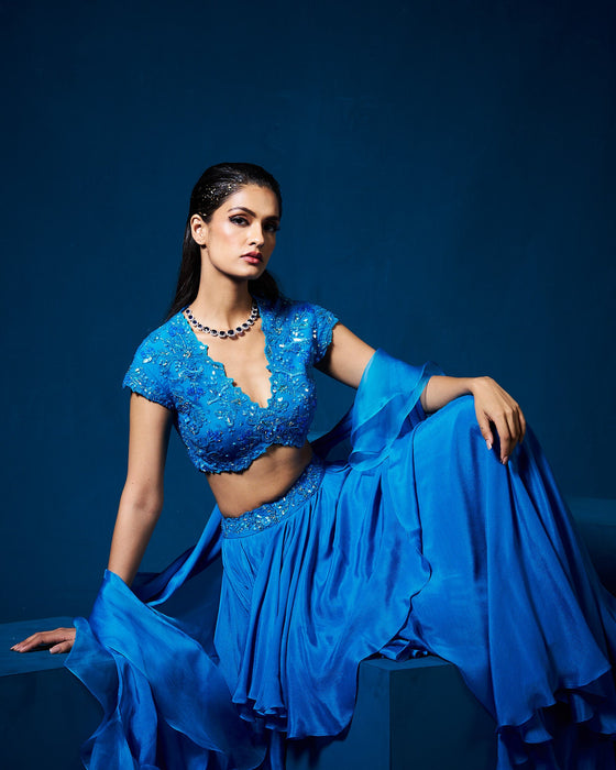 Zeena Lehanga set with ruffle dupatta - Sapphire Blue